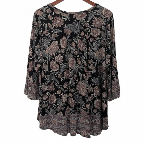Lucky Brand 2X Boho Floral Border Print Peasant Tunic Top Black Pink - Picture 3 of 5